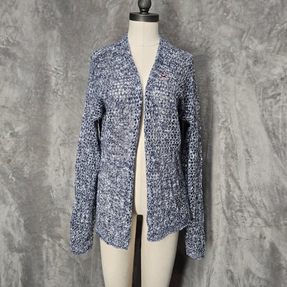 Hollister Blue White Knit Cardigan Sweater‎ Open Front Lightweight Womens Large